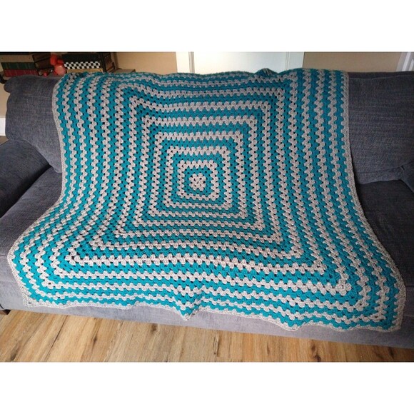 Afghan Throw Blanket Handmade Crochet Teal Gray Squares 60x50 in granny core - Picture 11 of 11
